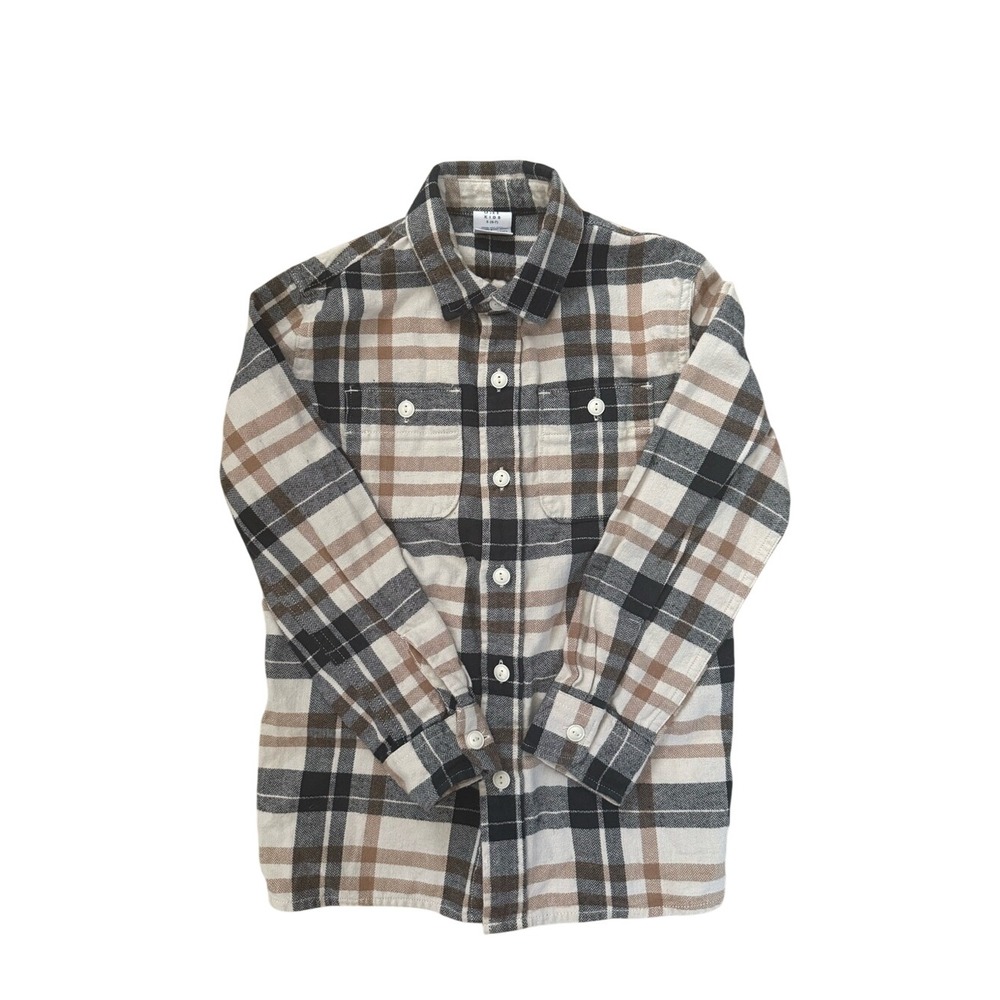 Gap Kids Boys Plaid Flannel Shirt Brown Black Cream Organic Cotton Size S 6-7